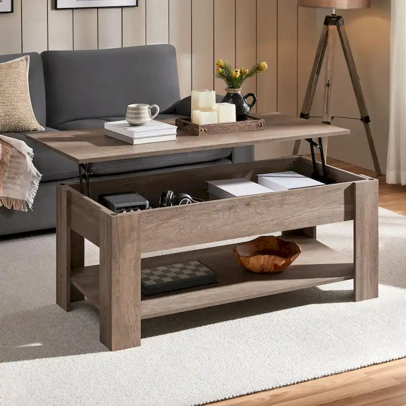 Table basse relevable de 47,5 pouces avec compartiment caché et étagère ouverte