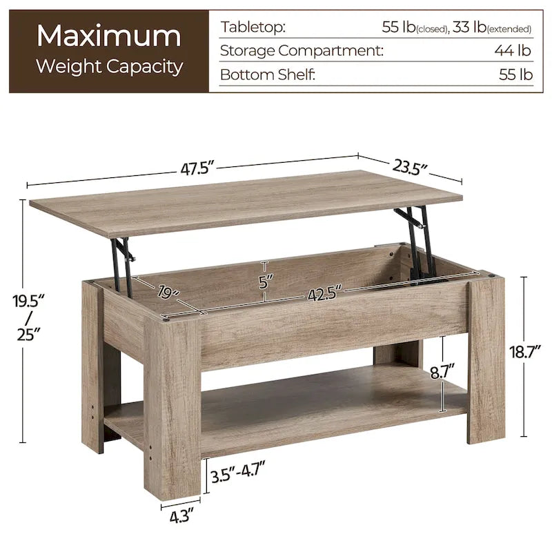Table basse relevable de 47,5 pouces avec compartiment caché et étagère ouverte