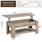 Table basse relevable de 47,5 pouces avec compartiment caché et étagère ouverte