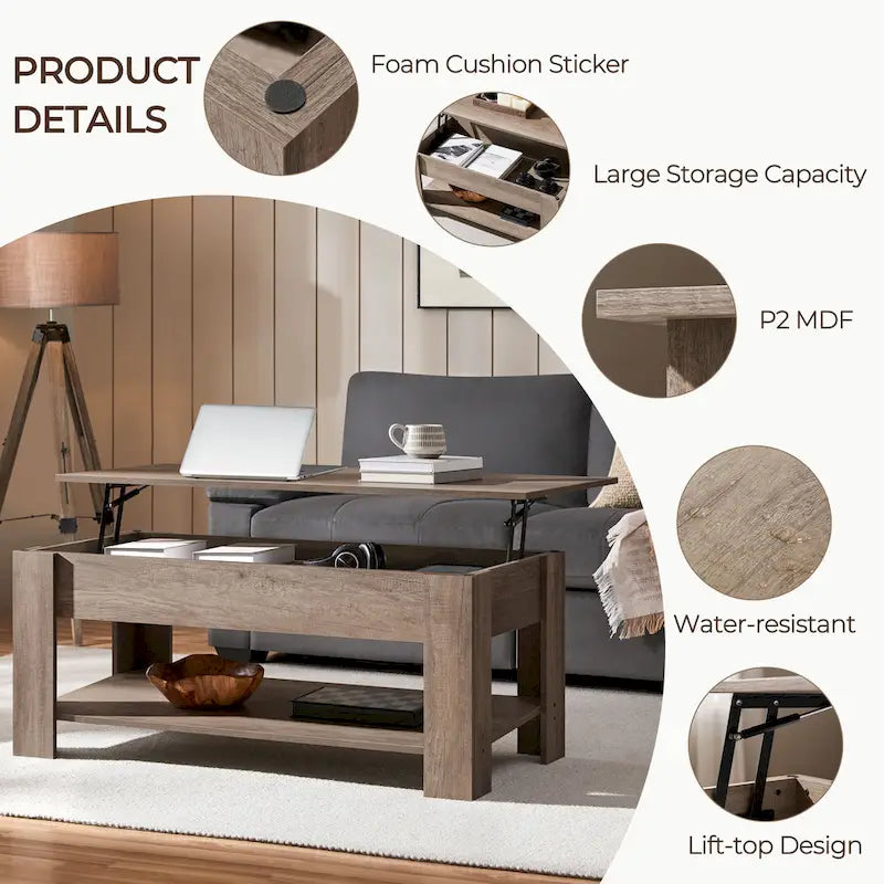 Table basse relevable de 47,5 pouces avec compartiment caché et étagère ouverte