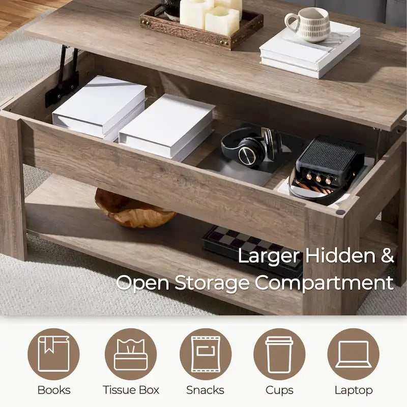 Table basse relevable de 47,5 pouces avec compartiment caché et étagère ouverte