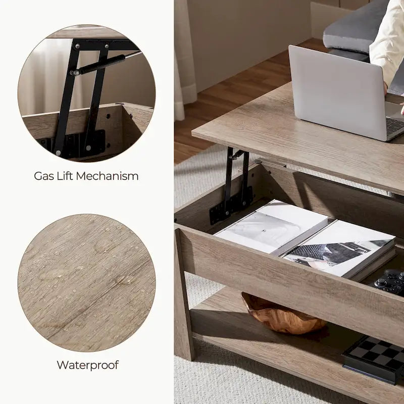 Table basse relevable de 47,5 pouces avec compartiment caché et étagère ouverte
