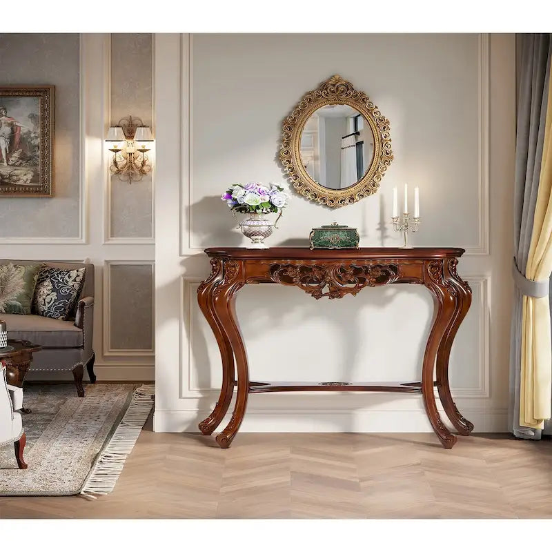 Console de style vintage sculptée avec étagères de rangement Table de canapé
