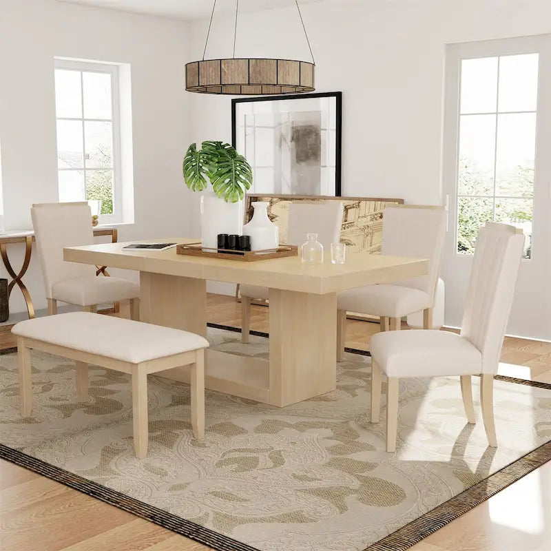 Ensemble de salle à manger contemporain 6 pièces avec table sur pied extensible de 198 cm