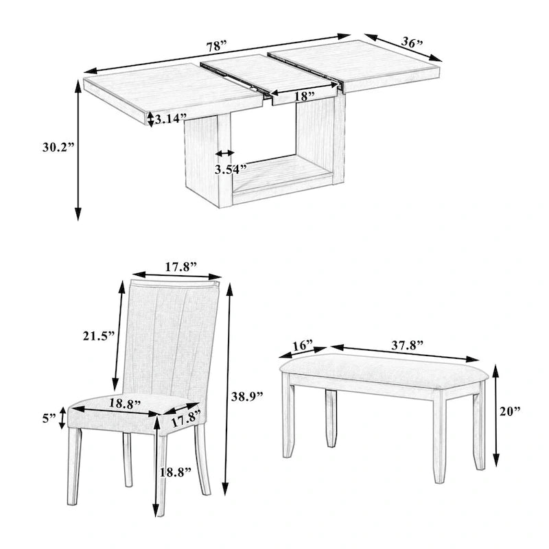 Ensemble de salle à manger contemporain 6 pièces avec table sur pied extensible de 198 cm