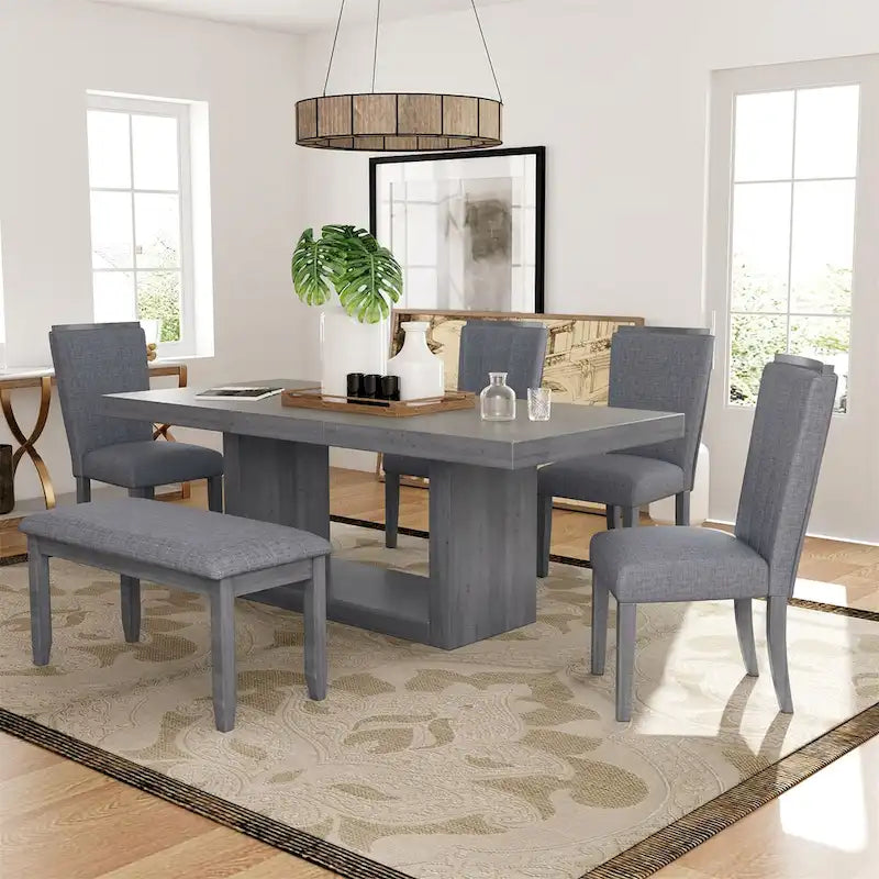 Ensemble de salle à manger contemporain 6 pièces avec table sur pied extensible de 198 cm