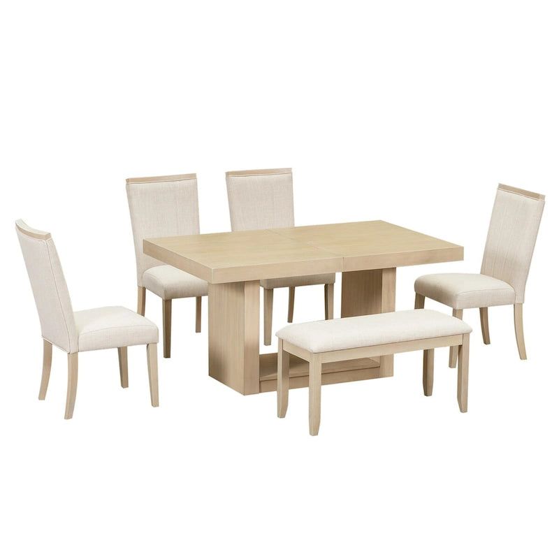 Ensemble de salle à manger contemporain 6 pièces avec table sur pied extensible de 198 cm
