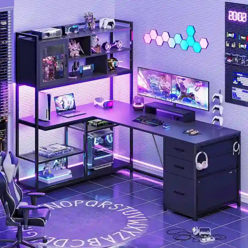 Bureau d'ordinateur en forme de L de 147 cm avec 3 tiroirs et étagère à livres