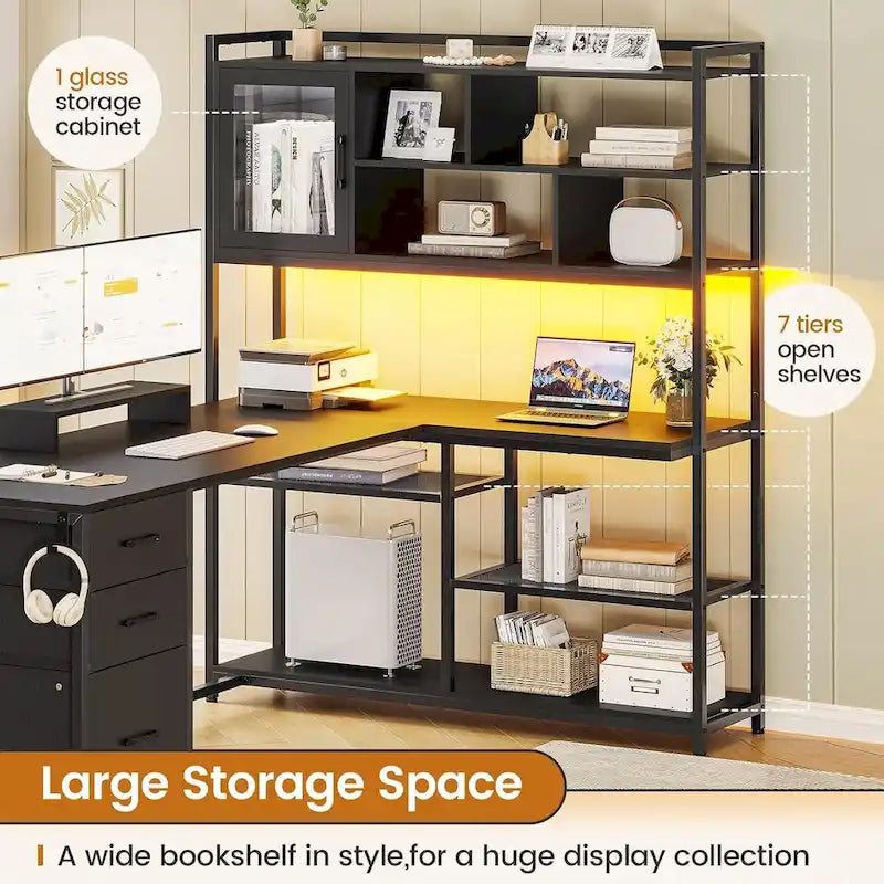 Bureau d'ordinateur en forme de L de 147 cm avec 3 tiroirs et étagère à livres