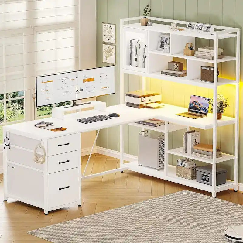 Bureau d'ordinateur en forme de L de 147 cm avec 3 tiroirs et étagère à livres
