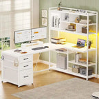 Bureau d'ordinateur en forme de L de 147 cm avec 3 tiroirs et étagère à livres