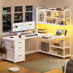 Bureau d'ordinateur en forme de L de 147 cm avec 3 tiroirs et étagère à livres