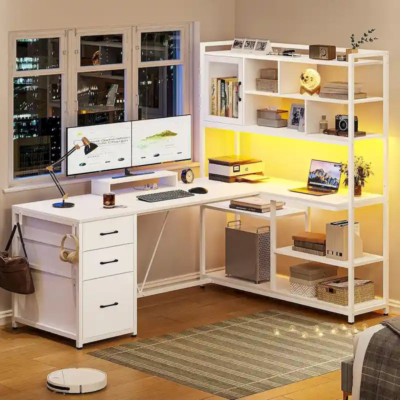 Bureau d'ordinateur en forme de L de 147 cm avec 3 tiroirs et étagère à livres