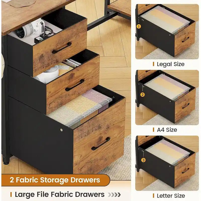 Bureau d'ordinateur en forme de L de 147 cm avec 3 tiroirs et étagère à livres