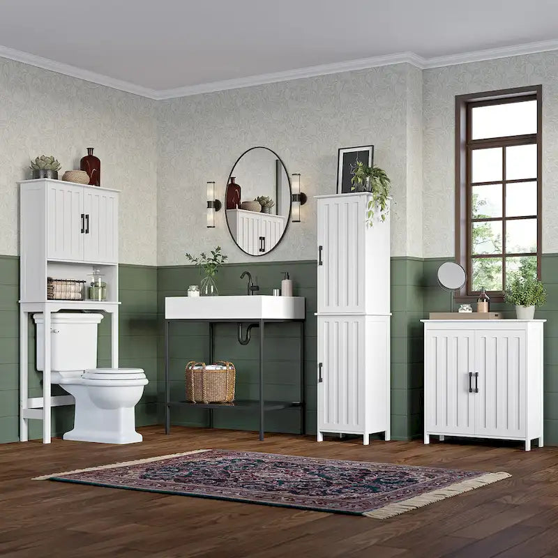 Meuble de rangement à deux portes pour salle de bain et buanderie avec étagères réglables, Blanc