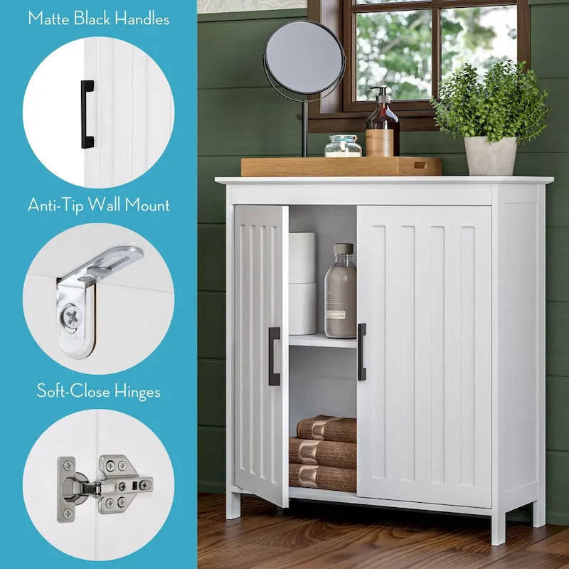 Meuble de rangement à deux portes pour salle de bain et buanderie avec étagères réglables, Blanc