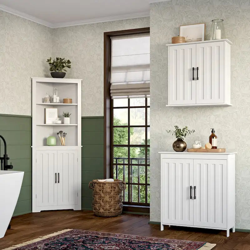 Meuble de rangement à deux portes pour salle de bain et buanderie avec étagères réglables, Blanc