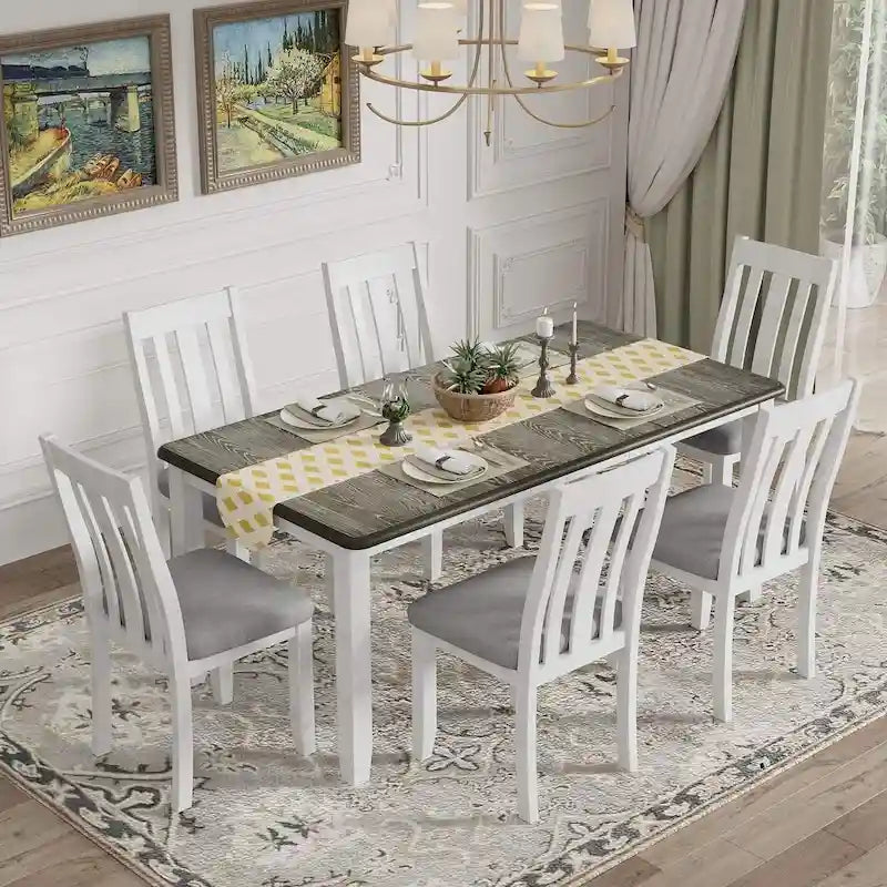 Ensemble de salle à manger extensible 7 pièces de style rétro avec table et chaises rembourrées