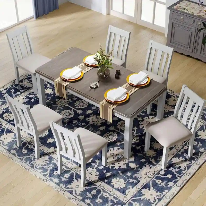 Ensemble de salle à manger extensible 7 pièces de style rétro avec table et chaises rembourrées