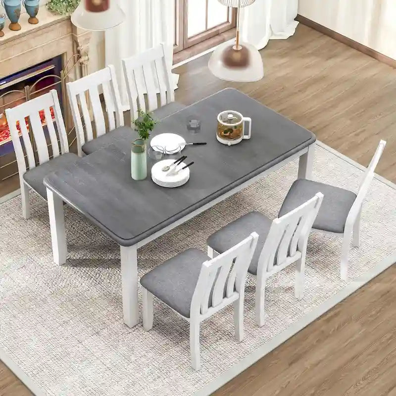 Ensemble de salle à manger extensible 7 pièces de style rétro avec table et chaises rembourrées