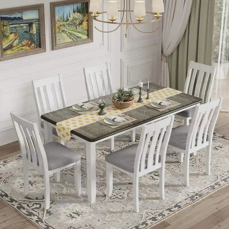 Ensemble de salle à manger extensible 7 pièces de style rétro avec table et chaises rembourrées