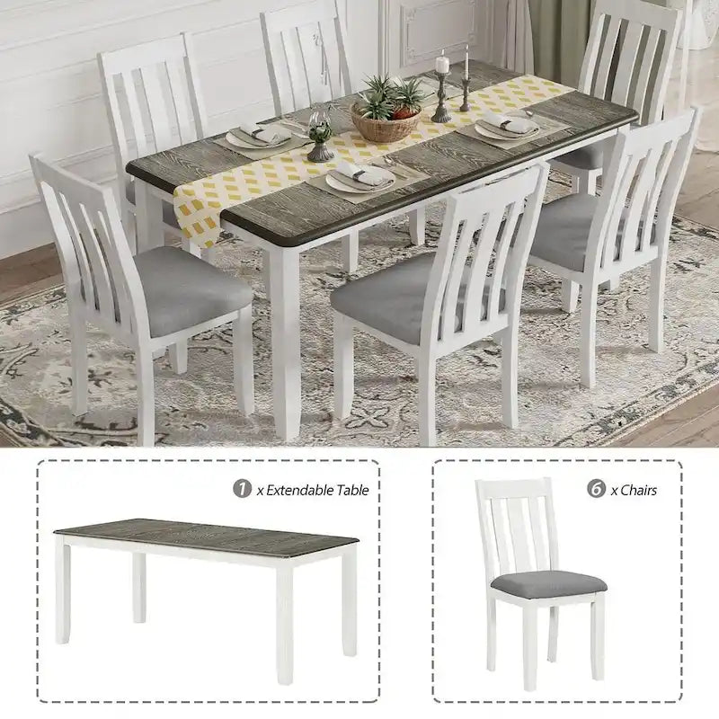 Ensemble de salle à manger extensible 7 pièces de style rétro avec table et chaises rembourrées