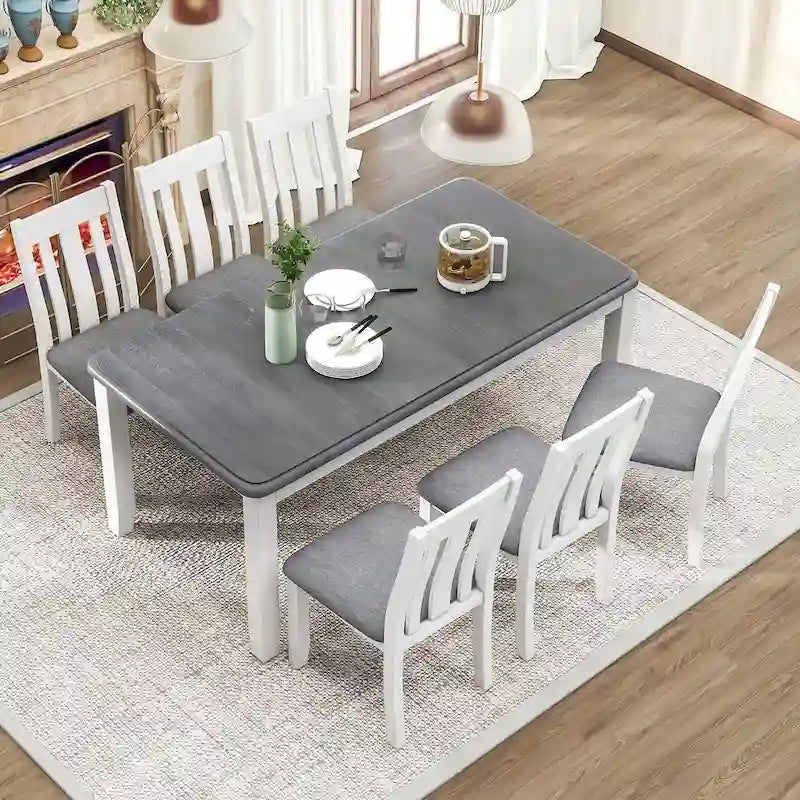 Ensemble de salle à manger extensible 7 pièces de style rétro avec table et chaises rembourrées