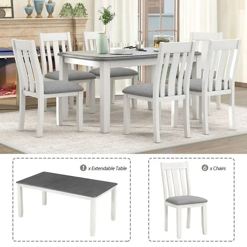 Ensemble de salle à manger extensible 7 pièces de style rétro avec table et chaises rembourrées